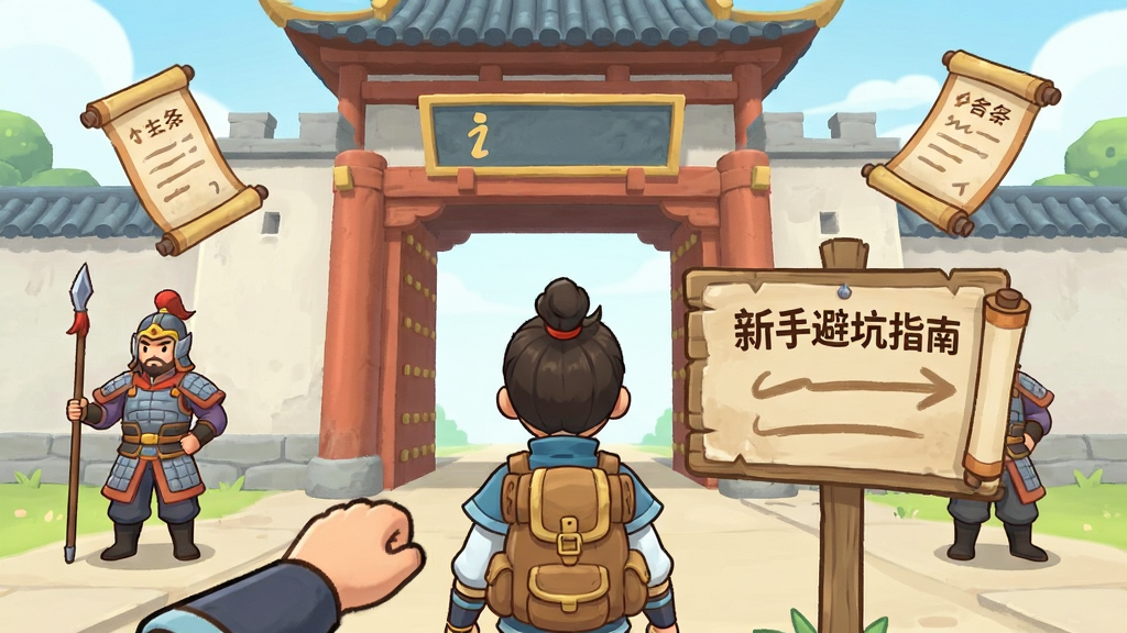 画面展示一位新手仙侠角色站在长安城门口,面前有指示牌写着“新手避坑指南”,布局采用第一人称视角,排版以角色和指示牌为中心,风格为清新卡通仙侠插画,细节包括角色背着行囊、城门口有守卫、空中飘着任务卷轴,画质清晰,干净无多余元素