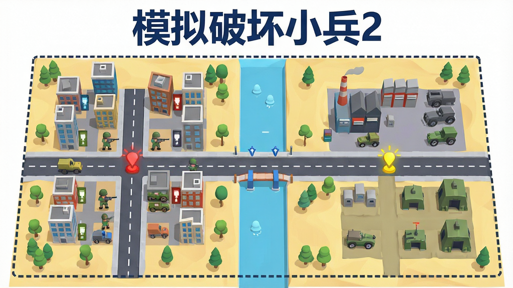 画面呈现一个俯瞰视角的沙盘式关卡地图,地图上分布着城市街区、桥梁、工厂和军事基地四种不同区域,每个区域都有小兵和载具图标标注,地图边缘用虚线框出任务范围,风格为清新明快的扁平化插画,细节包括道路标线、树木点缀和闪烁的任务标记点,画质干净整洁,画面正上方用深蓝色字体写着