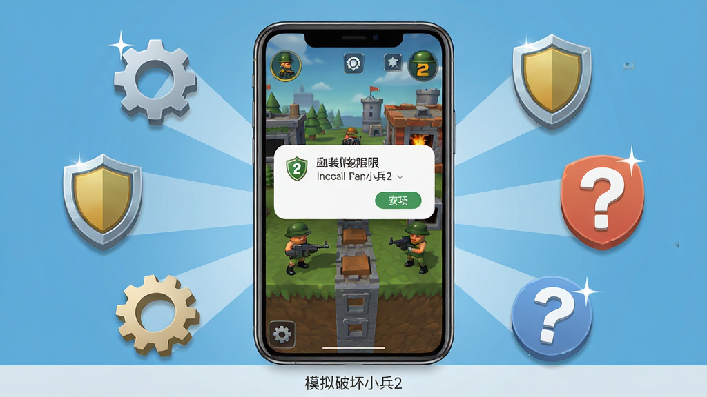 画面展示一部智能手机屏幕上方弹出安装权限提示框,屏幕背景是模拟破坏小兵2的游戏主界面,界面中有小兵和建筑元素,手机周围环绕着齿轮、盾牌和问号图标象征设置与安全,布局采用手机居中、图标环绕的放射状构图,风格为简洁的科技插画风,细节包括手机边框的高光、图标的立体质感,画质干净清晰,画面底部用灰色小字写着