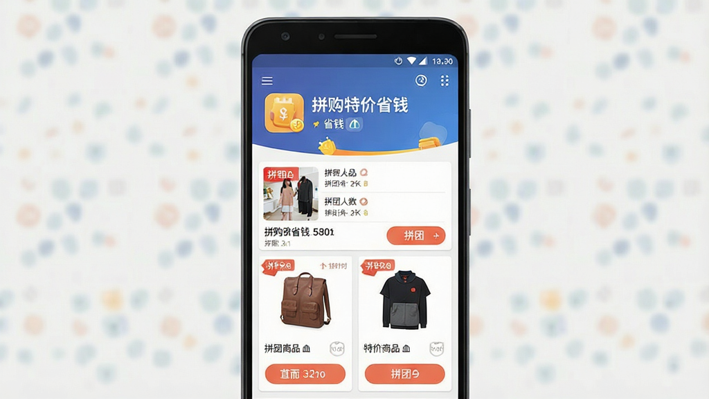拼购特价省钱 手机应用界面展示,主体为一部安卓手机屏幕,屏幕内呈现拼团购物列表与特价商品卡片,布局为居中构图,上方是应用名称“拼购特价省钱”与省钱图标,下方是商品缩略图与拼团按钮,排版清晰规整,风格为现代扁平化电商设计,细节包含价格标签、拼团人数、倒计时等元素,画质高清、干净、无多余元素