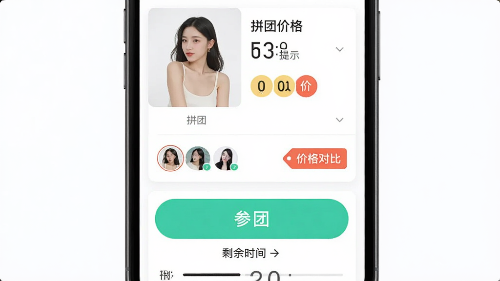 拼购特价省钱 拼团功能界面截图,主体为手机屏幕显示拼团进度与成团提示,布局为上下结构,上方是商品图片与拼团价格,下方是参团按钮与剩余时间,排版简洁,风格为清新电商风,细节包含拼团人数头像、倒计时数字、价格对比标签,画质高清、干净、无多余元素