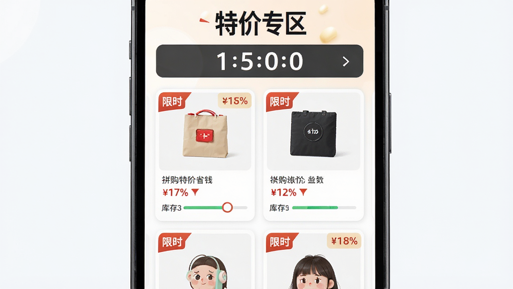 拼购特价省钱 特价专区页面展示,主体为手机屏幕显示限时特价商品网格,布局为两列商品卡片排列,上方是“特价专区”标题与倒计时横幅,下方是商品图与折扣价,排版整齐,风格为明亮促销风,细节包含限时标签、折扣百分比、库存进度条,画质高清、干净、无多余元素