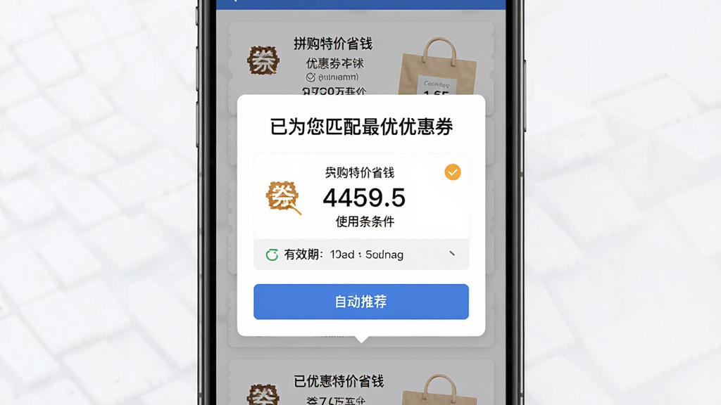 拼购特价省钱 优惠券自动匹配功能界面,主体为手机屏幕显示优惠券列表与自动推荐弹窗,布局为居中弹窗形式,上方是“已为您匹配最优优惠券”文字,下方是券面金额与使用条件,排版清晰,风格为简约商务风,细节包含券码、有效期、使用按钮,画质高清、干净、无多余元素