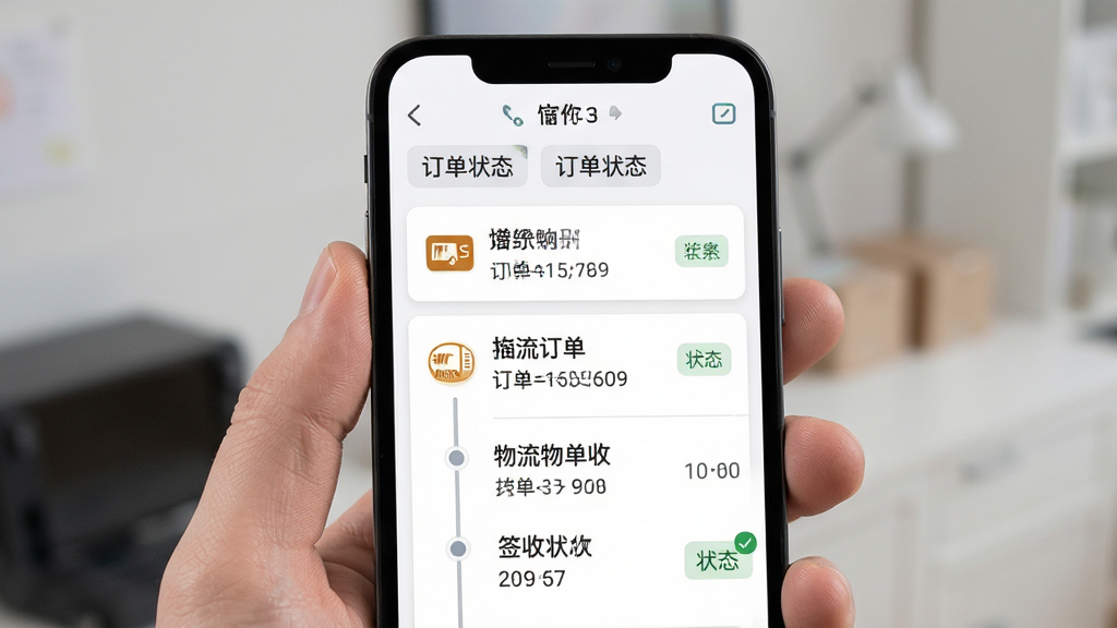 拼购特价省钱 订单物流跟踪页面,主体为手机屏幕显示订单列表与物流时间轴,布局为上下结构,上方是订单状态标签,下方是物流节点与时间,排版规整,风格为清爽工具风,细节包含快递公司图标、运单号、签收状态,画质高清、干净、无多余元素