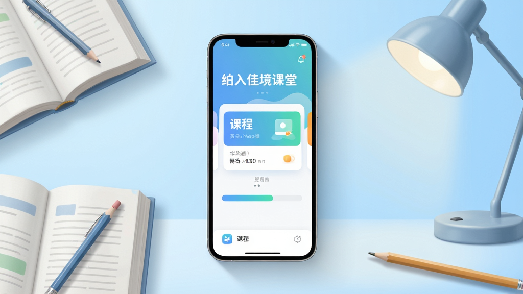 画面中央放置一部智能手机,屏幕显示渐入佳境课堂应用界面,界面上有课程卡片与学习进度条,周围环绕书本、铅笔与台灯等学习元素,背景为浅蓝色渐变,整体布局居中对称,风格清新简约,细节处有柔和光影与轻微投影,画质高清,干净整洁,无多余元素
