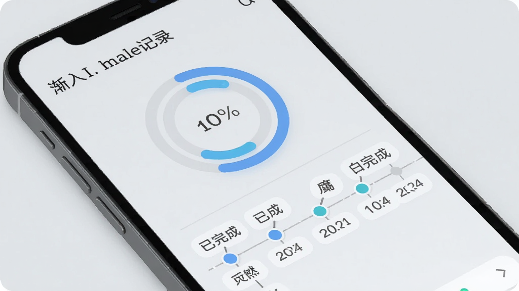 手机屏幕显示渐入佳境课堂的学习记录页面,页面上有环形进度图与时间轴,时间轴上标记了多个已完成节点,背景为浅灰色,风格极简素雅,画质清晰,干净无多余元素
