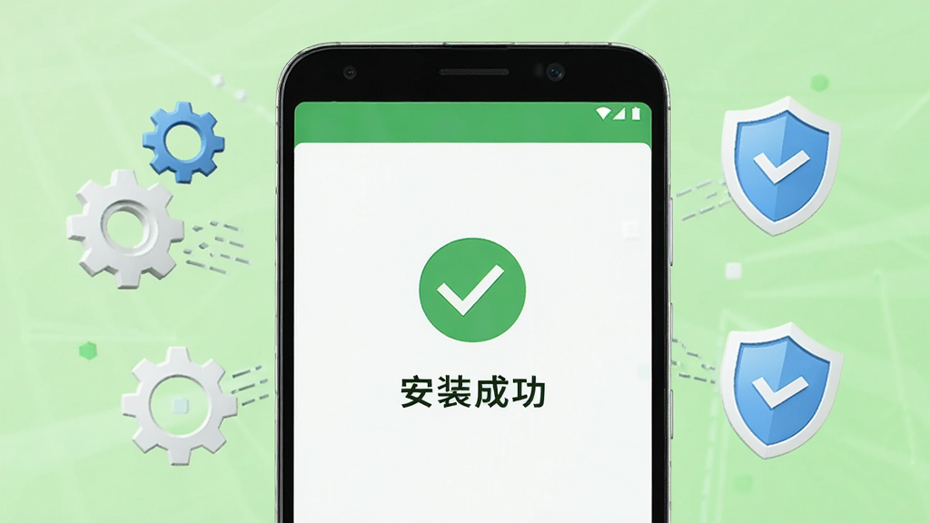 一部安卓手机屏幕显示渐入佳境课堂的安装完成界面,界面中央有对勾图标与「安装成功」字样,手机周围有齿轮与盾牌图标象征安全防护,背景为浅绿色,风格清新明快,画质高清,干净无多余元素