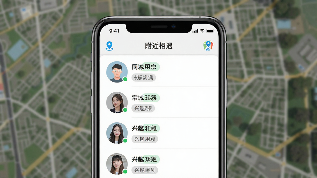 一张展示“附近相遇”软件核心界面的图片,主体为手机屏幕显示同城用户头像列表与距离标签,布局采用居中手机模型展示,排版简洁清晰,风格为现代扁平化UI设计,细节包含地图定位图标、在线状态绿点、兴趣标签,画质高清,干净,无多余元素