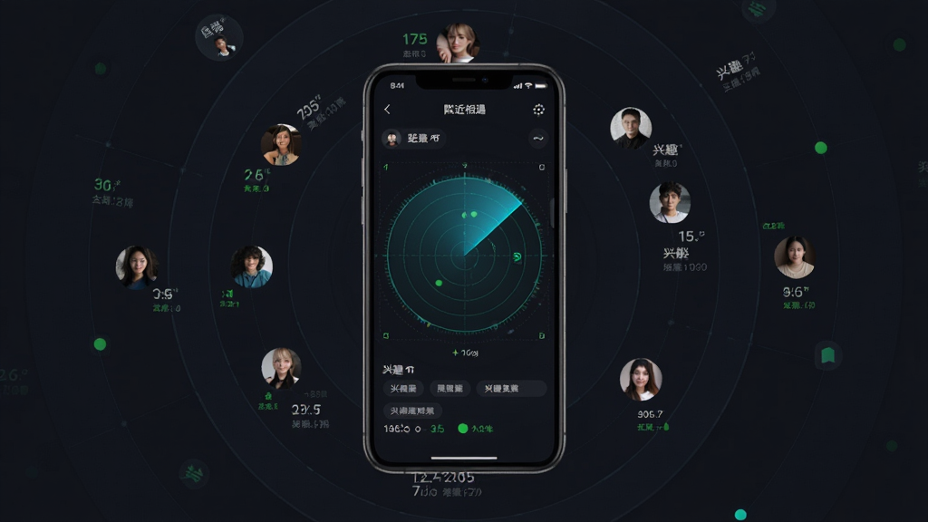 一张展示“附近相遇”智能匹配功能的图片,主体为手机屏幕显示雷达扫描动画与周围用户头像分布,布局以手机为中心向外辐射,排版采用同心圆结构,风格为科技感深色主题,细节包含距离数值、兴趣标签、在线状态指示,画质高清,干净,无多余元素