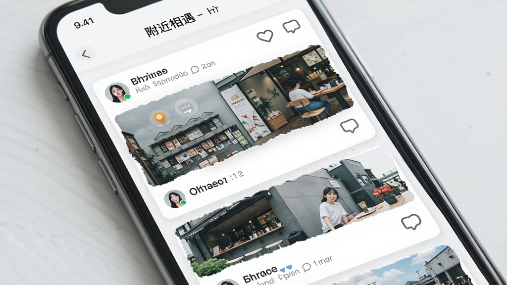 一张展示“附近相遇”动态广场功能的图片,主体为手机屏幕显示用户发布的图文动态流,布局采用瀑布流卡片式排列,排版清晰有序,风格为清新社交风,细节包含点赞图标、评论气泡、用户头像与发布时间,画质高清,干净,无多余元素