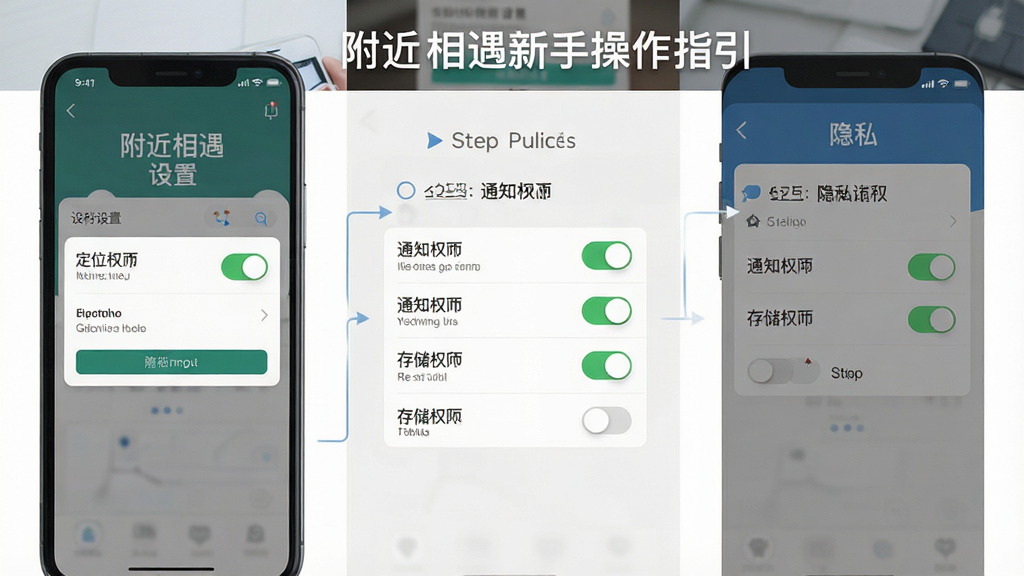 一张展示“附近相遇”新手操作指引的图片,主体为手机屏幕显示权限设置与隐私选项界面,布局采用分步截图排列,排版清晰直观,风格为扁平化教程风,细节包含定位权限开关、通知权限开关、存储权限开关,画质高清,干净,无多余元素