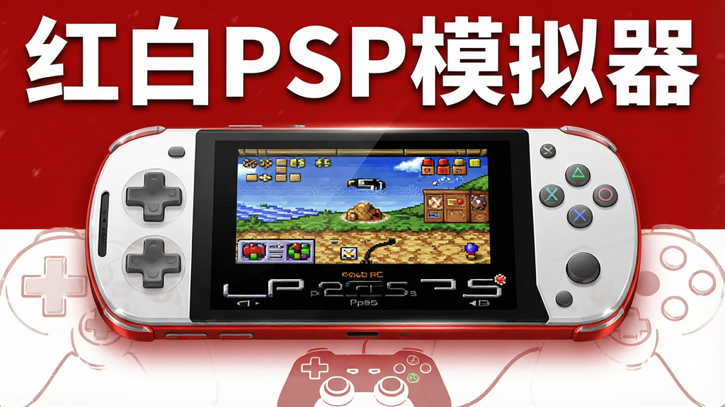 一张展示红白PSP模拟器在安卓手机上运行经典掌机游戏的场景图,主体是一部横屏放置的智能手机,屏幕中显示着复古风格的PSP游戏画面与虚拟按键,布局采用居中构图,手机下方有淡淡的光晕和游戏手柄轮廓作为装饰,排版简洁清晰,风格为科技感与怀旧感结合的数码插画,细节包括手机边框的高光、屏幕内游戏画面的像素纹理、虚拟摇杆和按键的半透明质感,画质要求高清、干净、无多余元素,图片上方用白色粗体字写着“红白PSP模拟器”,画面整体色调以红、白、黑为主。