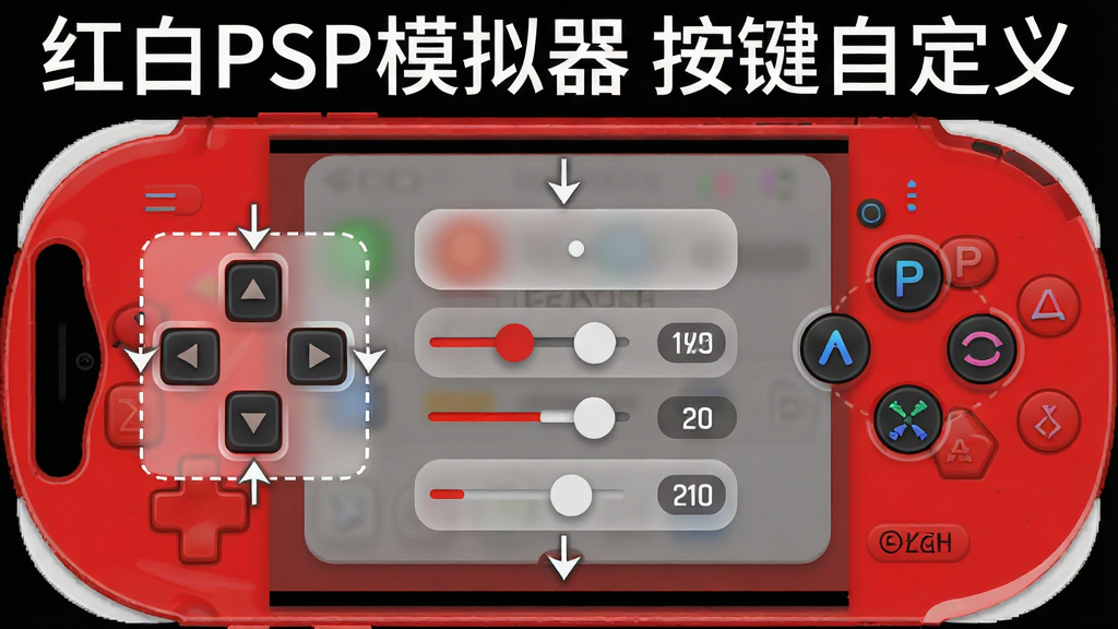 一张展示红白PSP模拟器虚拟按键自定义界面的示意图,主体是手机屏幕中可拖拽的虚拟按键编辑面板,布局采用左侧方向键、右侧动作键的经典掌机布局,排版上按键周围有虚线框和拖动指示箭头,风格为扁平化UI设计展示图,细节包括按键的圆角矩形外观、半透明磨砂质感、设置滑块和数值标签,画质清晰、干净、无多余元素,屏幕上方用白色文字标注“红白PSP模拟器 按键自定义”。