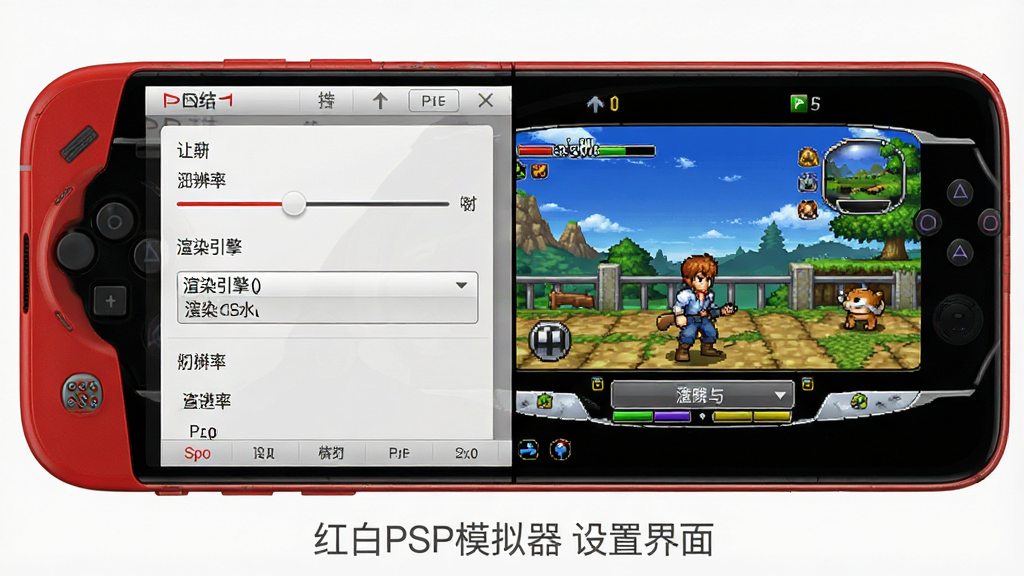 一张展示红白PSP模拟器设置面板与游戏运行界面的组合示意图,主体是手机屏幕左右分屏显示,左侧为模拟器图形设置菜单,右侧为正在运行的PSP游戏画面,布局采用左右对比排版,风格为数码产品功能展示图,细节包括设置菜单中的分辨率滑块、渲染引擎下拉框、右侧游戏画面的像素风格角色和场景,画质高清、干净、无多余元素,底部用灰色小字标注“红白PSP模拟器 设置界面”。