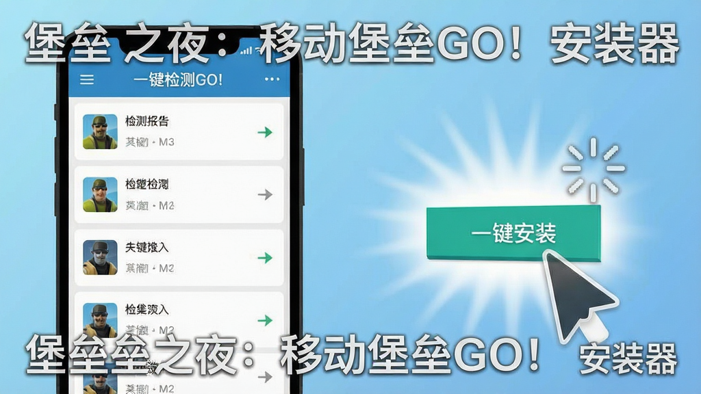 一张展示智能检测与一键安装功能的手机UI示意图,画面左侧是检测报告列表,右侧是一键安装按钮被点击的动效,背景为浅蓝色渐变,画面中带有