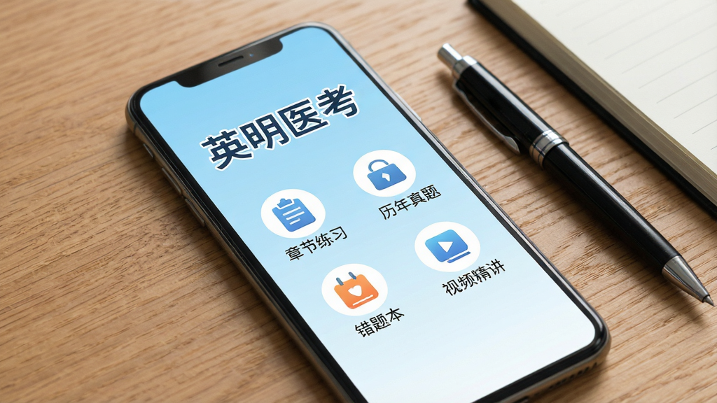 一张手机屏幕展示英明医考APP首页界面,页面顶部显示“英明医考”四个大字,下方排列着章节练习、历年真题、模拟考试、错题本、视频精讲等功能图标,背景为干净的浅蓝色渐变,手机放置在木质桌面上,旁边有一支笔和一本笔记本,整体风格清新专业,画质清晰,干净无多余元素