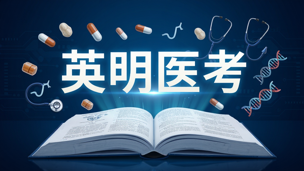 画面中央是一本翻开的医学教材,书页上方悬浮着“英明医考”四个发光大字,周围环绕着各种医学符号、药丸、听诊器、DNA螺旋等元素,背景为深蓝色科技感渐变,整体布局对称,风格专业严谨,画质高清,干净无多余元素