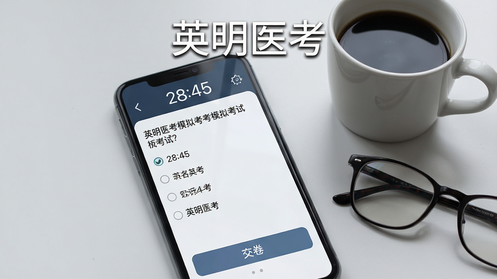 一张手机屏幕展示英明医考模拟考试界面,顶部显示倒计时“28:45”,中间是单选题题干和四个选项,底部有“交卷”按钮,屏幕上方悬浮着“英明医考”字样,背景为浅灰色,手机旁边放着一杯咖啡和一副眼镜,整体风格安静专注,画质清晰,干净无多余元素