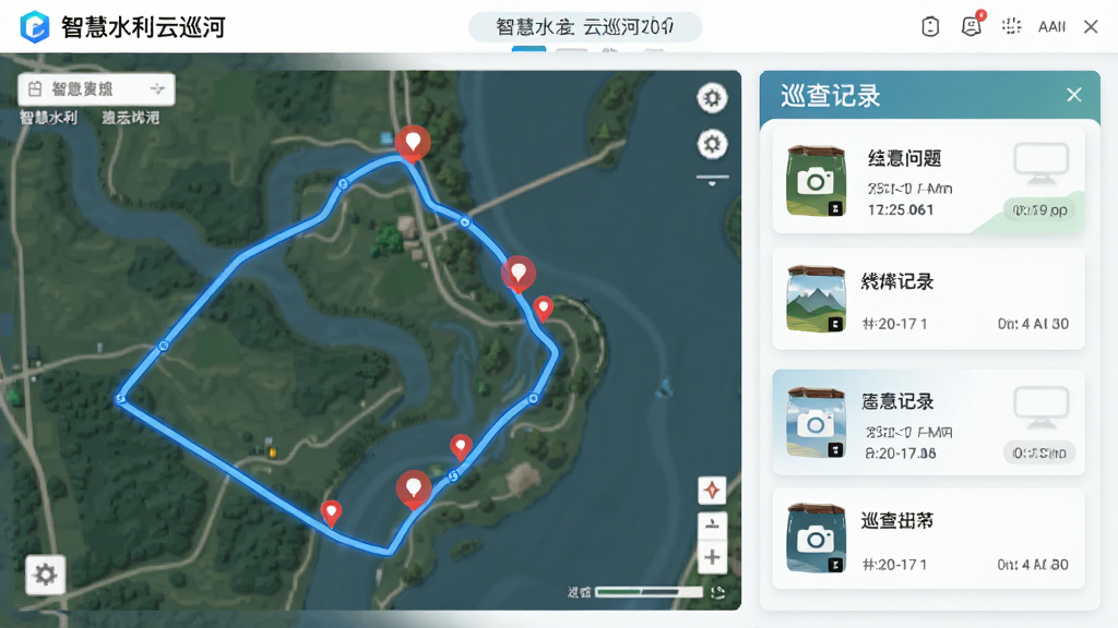 �������ǻ�ˮ����Ѳ�ӹ��ܽ��棬����Ϊ����ͼ�켣�������Ҳ�Ѳ���¼��Ƭ���ţ��Ű�������ҷ��������Ϊ��ˬ����磬ϸ�ڰ�����ɫ�켣�ߡ���ɫ�����ǵ㡢����ͼ�ꡢʱ�������������������ɾ����޶���Ԫ��