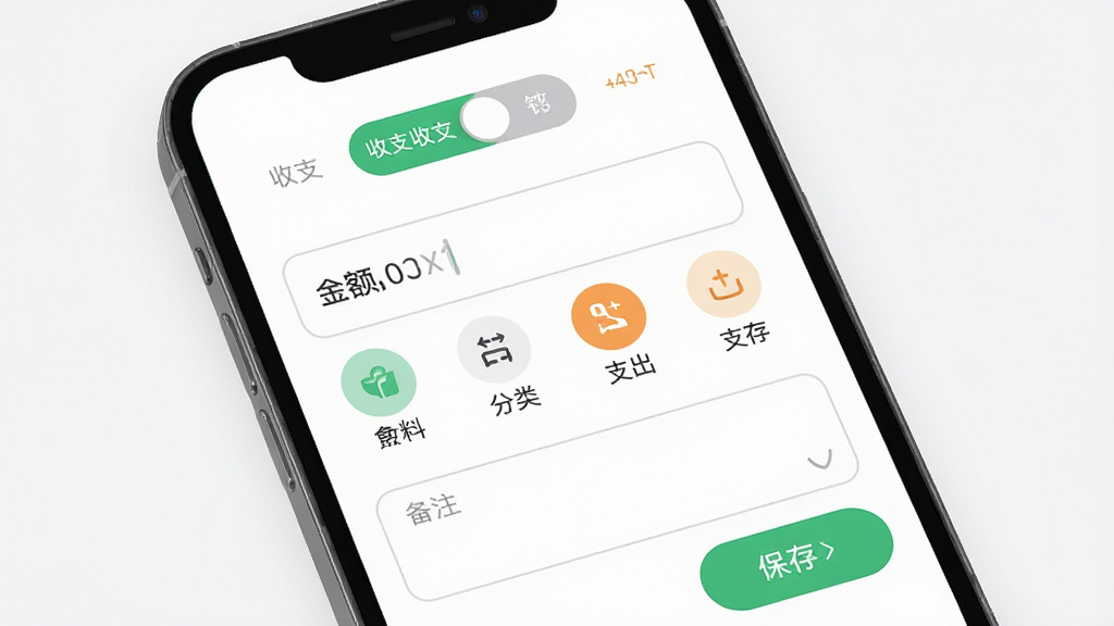 鑫纪元记账功能界面生成图,主体为手机屏幕中的记账表单,布局上方是收支切换按钮,中间是金额输入框与分类图标,下方是备注栏与保存按钮,排版简洁,风格为扁平化轻设计,细节包括绿色收入标识、橙色支出标识、圆角输入框与清晰中文标签,画质高清,画面干净,无多余元素。