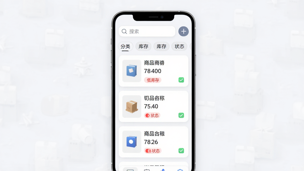 鑫纪元库存管理页面生成图,主体为手机屏幕展示商品列表与库存数量,布局上方是搜索框与分类标签,中间是商品卡片列表,每张卡片包含商品名称、库存数字与状态标识,排版整齐,风格为浅色极简风,细节包括低库存红色提醒、圆角卡片、清晰中文与图标,画质高清,画面干净,无多余元素。