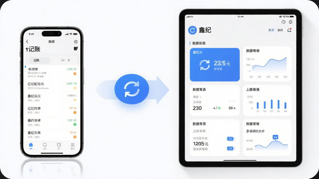 鑫纪元多端同步功能生成图,主体为手机与平板并排展示同一账号下的数据界面,布局左侧手机显示记账列表,右侧平板显示数据看板,中间用同步箭头连接,排版对称,风格为科技简约风,细节包括蓝色同步图标、圆角设备边框、清晰中文标签,画质高清,画面干净,无多余元素。