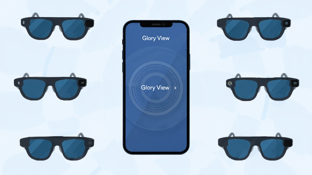 主体是手机屏幕显示“Glory View”正在搜索设备,布局为中心辐射状,手机周围漂浮着多个智能眼镜图标,排版简洁,风格为扁平化插画,细节上手机屏幕有搜索动画波纹,画质高清,干净无多余元素,背景为浅蓝色。