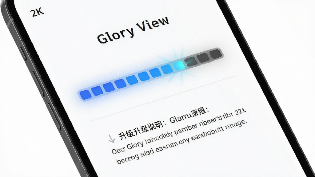 主体是手机屏幕显示“Glory View”的固件升级界面,布局为上下结构,上方是进度条,下方是升级说明文字,排版清晰,风格为极简UI设计,细节上进度条有发光效果,画质为2K高清,干净无多余元素,背景为白色。