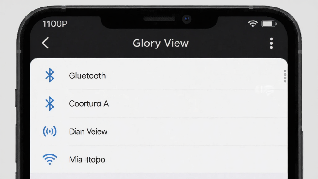 主体是手机屏幕显示“Glory View”的设置界面,布局为上下滚动列表,排版整齐,风格为清新扁平化,细节上界面中有蓝牙和Wi-Fi图标,画质为1080P高清,干净无多余元素,背景为浅灰色。