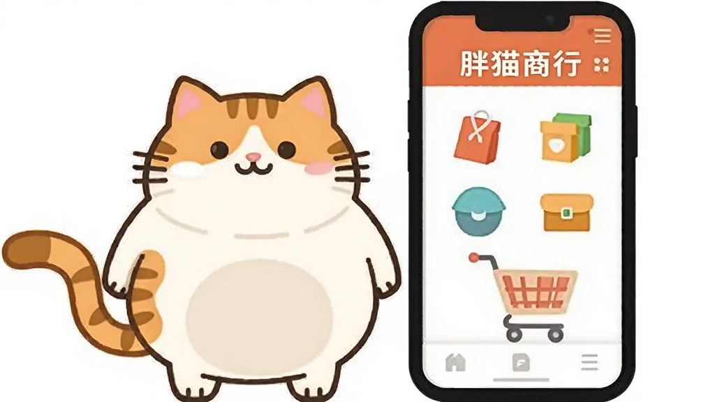 一只卡通胖猫站在手机屏幕旁,屏幕显示商行应用界面,主体居中,布局左猫右手机,排版简洁,风格扁平化插画,细节包括商品图标和购物车,画质清晰干净无多余元素,图片中文字“胖猫商行”
