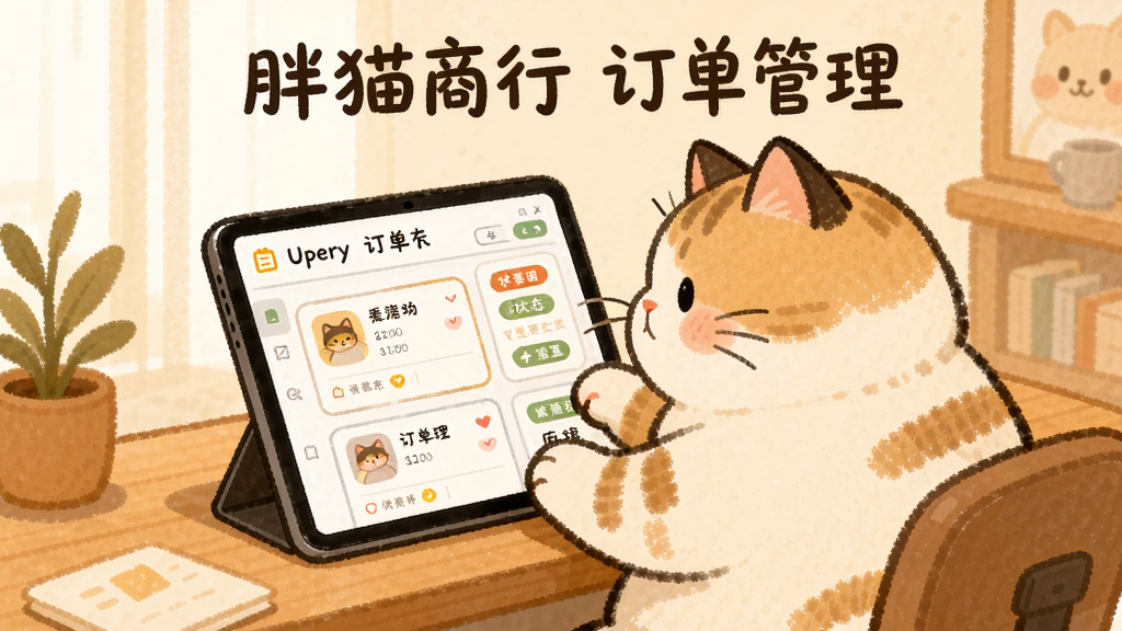 一只胖猫坐在桌前操作平板电脑,屏幕上显示订单列表,主体居中,布局上下结构,排版整齐,风格温暖手绘,细节有订单卡片和状态标签,画质细腻干净无多余元素,图片中文字“胖猫商行 订单管理”