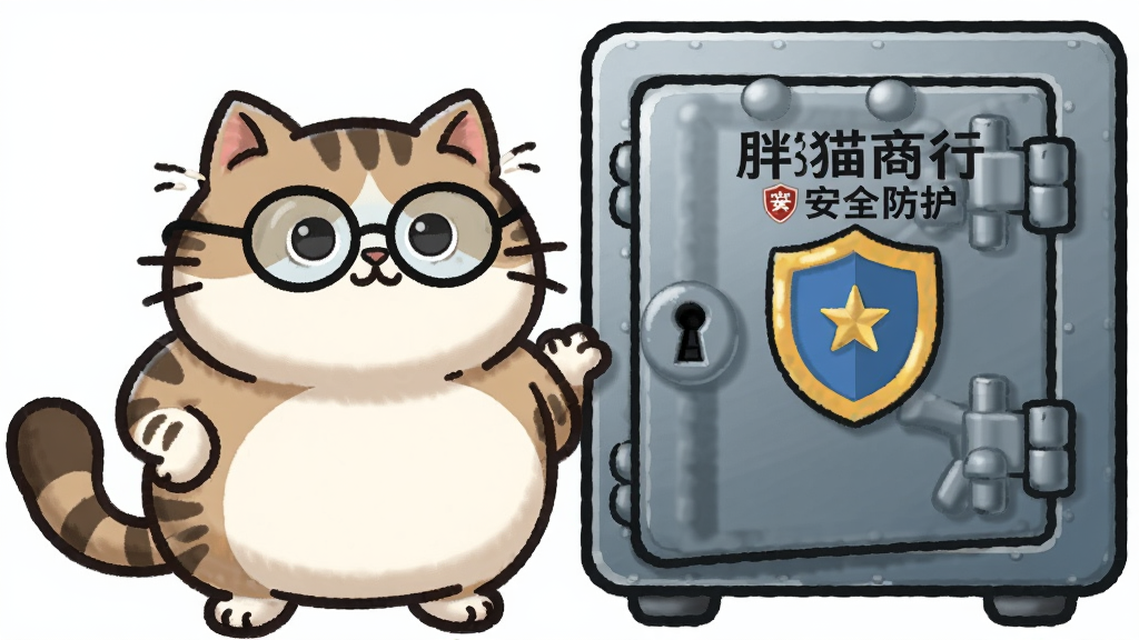 一只戴眼镜的胖猫守在一扇保险柜门前,主体居中,布局猫在左柜在右,排版平衡,风格卡通拟人,细节有锁孔和盾牌图标,画质高清干净无多余元素,图片中文字“胖猫商行 安全防护”