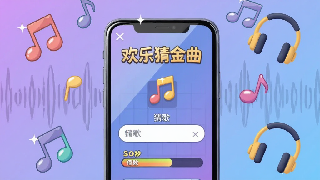 画面中央放置一部智能手机,手机屏幕上显示“欢乐猜金曲”游戏界面,界面中有音符图标、猜歌输入框和得分进度条,手机周围散落着彩色音符和耳机图案,背景是柔和的渐变紫色与蓝色,布局采用居中构图,风格为扁平化卡通插画,细节包括音符上的高光、手机边缘的反光、背景中若隐若现的声波纹理,画质清晰干净,无多余元素