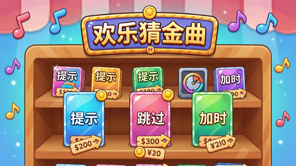 画面展示一个游戏道具商店界面,货架上摆放着各种彩色卡片和图标,每张卡片上标有“提示”“跳过”“加时”等字样,画面中央是“欢乐猜金曲”的商店招牌,布局采用货架陈列式构图,风格为可爱卡通风格,细节包括卡片上的光泽、价格标签、金币图标、背景中的音符装饰,画质干净明亮,无多余元素