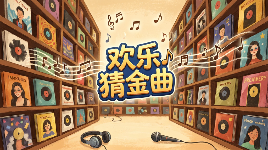 一幅展示巨大音乐图书馆的插画,书架上的每一本书都变成了一张专辑封面,画面中央悬浮着“欢乐猜金曲”的Logo,周围有音符从书架中飘出,布局采用透视纵深构图,风格为温暖手绘风,细节包括专辑封面上的不同颜色和图案、漂浮音符的轨迹线、地面上的耳机和麦克风,画质细腻干净,无多余元素