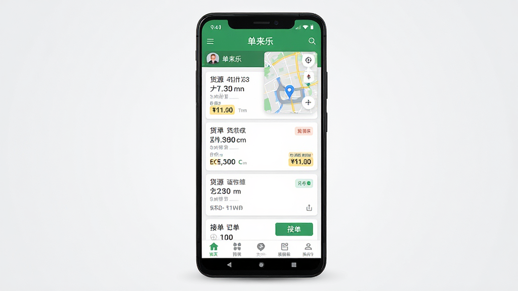 一张展示单来乐司机端APP界面的手机样机图,画面中央是一部竖屏安卓手机,屏幕上显示单来乐司机端首页,包含货源列表卡片、地图导航小窗、底部功能菜单栏,背景为干净的浅灰渐变,风格为现代扁平化UI设计,细节清晰展示订单信息、价格标签和接单按钮,画质高清,干净,无多余元素