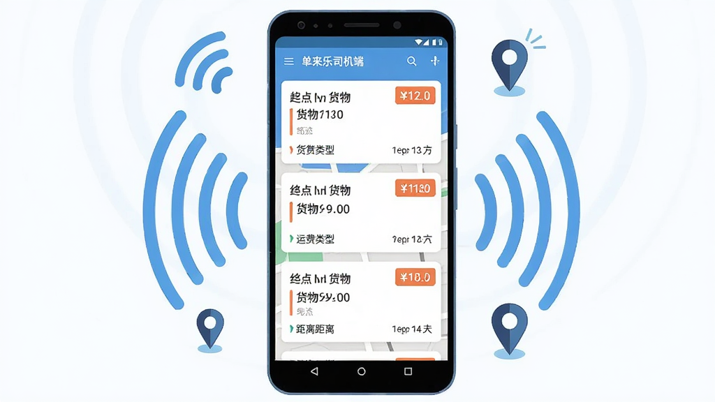 一幅展示单来乐司机端货源推送功能的AI生图,画面主体为一部安卓手机屏幕,屏幕上显示多条货源订单卡片,每条卡片包含起点终点、货物类型、运费价格和距离信息,手机周围环绕着动态的信号波纹和定位图标,布局居中,风格为科技感扁平插画,细节包含地图定位标记和价格标签,画质高清,干净,无多余元素