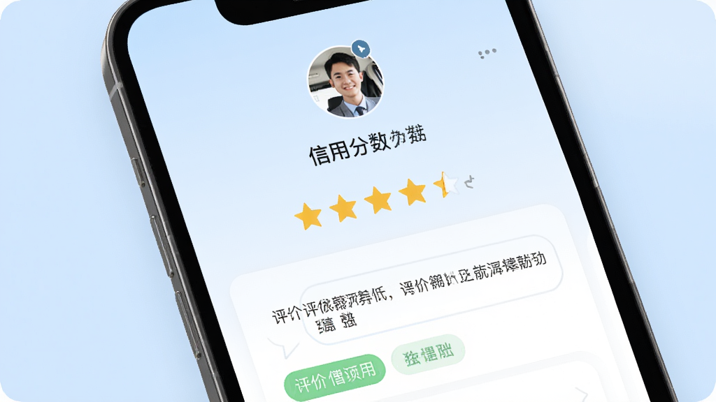 一张展示单来乐司机端信用评价页面的图片,画面为手机屏幕显示五星评分和评价标签,屏幕上方有司机头像和信用分数,背景为柔和的浅蓝色,风格为清新简约UI设计,细节包含评价文字气泡和星级图标,画质高清,干净,无多余元素