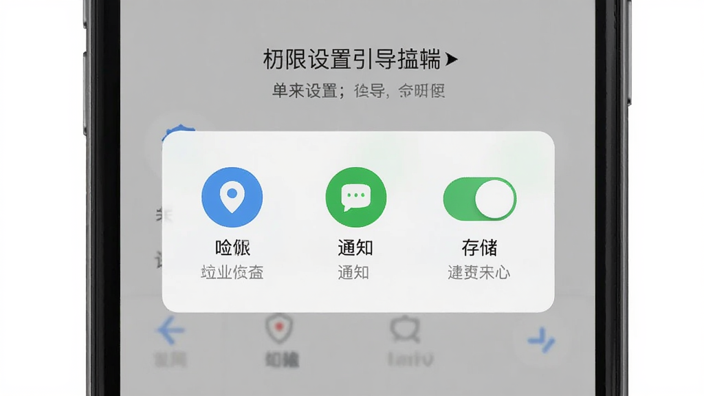 一张展示单来乐司机端新手设置引导页面的手机截图风格图片,画面为手机屏幕显示权限开启提示弹窗,包含定位、通知、存储三项权限图标,背景为浅灰色,风格为简洁明了的UI提示界面,细节包含开关按钮和说明文字,画质高清,干净,无多余元素