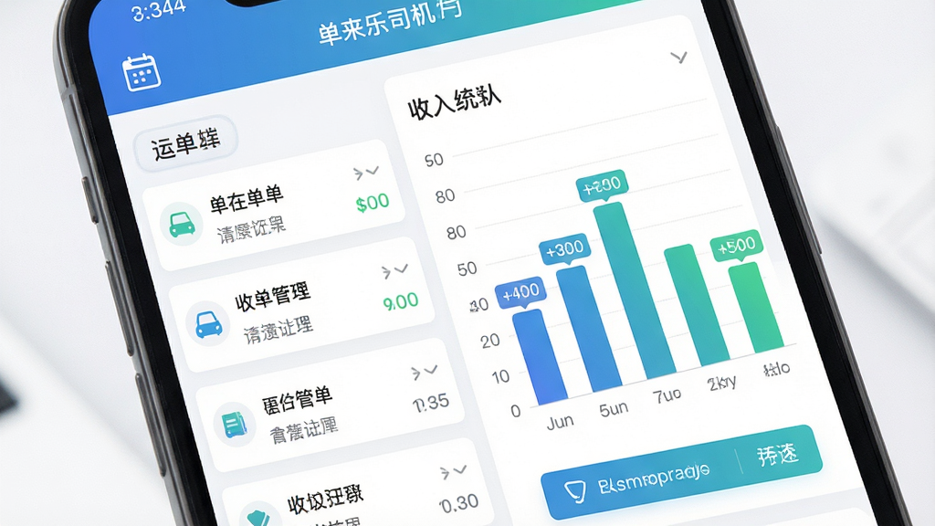一幅展示单来乐司机端运单管理与收入统计界面的生图,画面为手机屏幕特写,屏幕上显示运单列表和柱状收入统计图,柱状图颜色为蓝绿渐变,旁边有数字标签,布局左右分栏,风格为现代商务扁平化设计,细节包含日历图标和筛选按钮,画质高清,干净,无多余元素