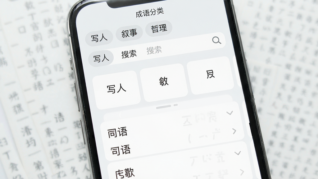 成语每日打卡软件分类词库与搜索界面,手机屏幕展示成语分类标签如“写人”“叙事”“哲理”及搜索框,主体为分类卡片与成语列表,布局为上下结构,排版整齐,风格为浅色极简,细节包含搜索放大镜图标和成语条目,画质高清,干净,无多余元素