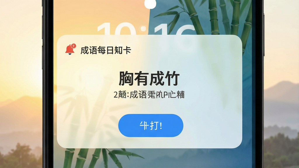 成语每日打卡软件每日推送通知界面,手机锁屏上显示“成语每日打卡”的今日成语卡片,包含成语“胸有成竹”及简短释义,背景为柔和晨光色调,主体为通知弹窗与成语文字,布局居中对齐,排版干净,风格简约现代,细节有通知图标和打卡按钮,画质高清,干净,无多余元素