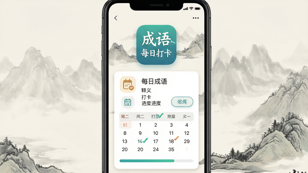 成语每日打卡软件主界面展示,手机屏幕中显示每日成语卡片、释义、打卡日历与进度条,背景为淡雅中国风水墨元素,主体突出“成语每日打卡”App图标和界面,布局简洁居中,排版清晰有序,风格为清新国风与扁平化UI结合,细节包含日历打勾标记、成语文字、按钮图标,画质高清,干净,无多余元素