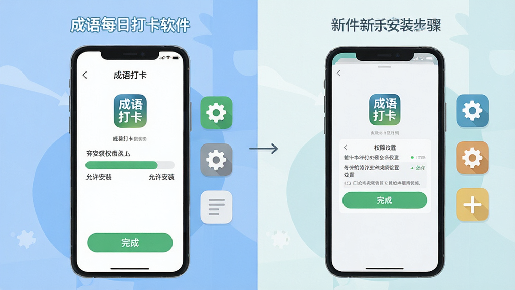 成语每日打卡软件新手安装步骤示意图,画面中手机屏幕显示安装进度条与权限设置界面,主体为手机与设置图标,布局为左右分步展示,排版清晰,风格为扁平化教程插画,细节包含“允许安装”“完成”按钮和成语打卡图标,画质高清,干净,无多余元素