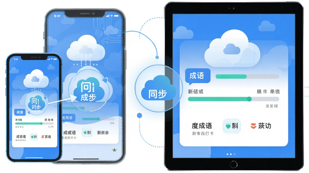 成语每日打卡软件学习进度云端同步示意图,画面中手机与平板并排显示相同打卡数据,主体为设备与同步图标,布局左右对称,排版清晰,风格为科技感扁平插画,细节包含云朵图标、进度条和成语文字,画质高清,干净,无多余元素