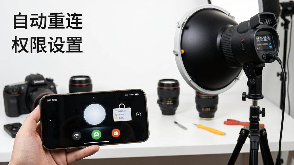 一幅展示智控摄影灯光系统使用技巧的场景,画面中一部手机横屏放置,屏幕显示灯光控制界面,旁边有一盏摄影灯正在被调节,画面一角有文字标注“自动重连”“权限设置”等关键词,背景是摄影工作台,桌面上有相机和镜头,整体风格实用教学风,光线明亮,画质清晰,画面干净无多余元素。