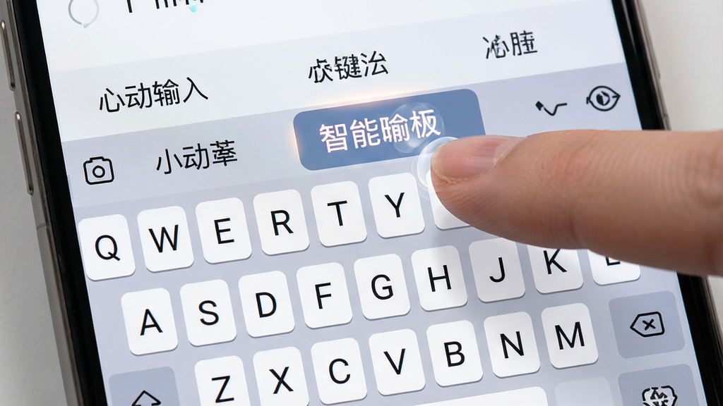 一张展示心动输入法智能拼音联想功能的界面截图,主体为手机屏幕上的输入法键盘,布局为键盘占据下半屏,候选词栏显示多个联想词汇,风格为简洁清爽的科技风,细节包含手指正在点击候选词的动态、候选词高亮显示、键盘按键有轻微按压反馈效果,画质高清,干净,无多余元素
