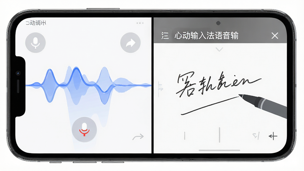 一张展示心动输入法语音输入与手写识别功能的组合图,主体为手机屏幕分屏显示语音输入波纹和手写识别区域,布局为左侧语音输入界面右侧手写输入界面,风格为现代扁平化设计,细节包含语音波纹的动态效果、手写笔迹的流畅线条、识别文字准确上屏的示意,画质高清,干净,无多余元素