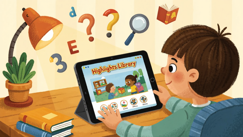 儿童坐在书桌前使用平板电脑阅读,屏幕上显示“Highlights Library”故事页面,周围漂浮着字母、问号、放大镜和彩色书本,布局为横向构图,风格为温馨家庭插画,细节包含暖色台灯与绿植,画质干净,无多余元素