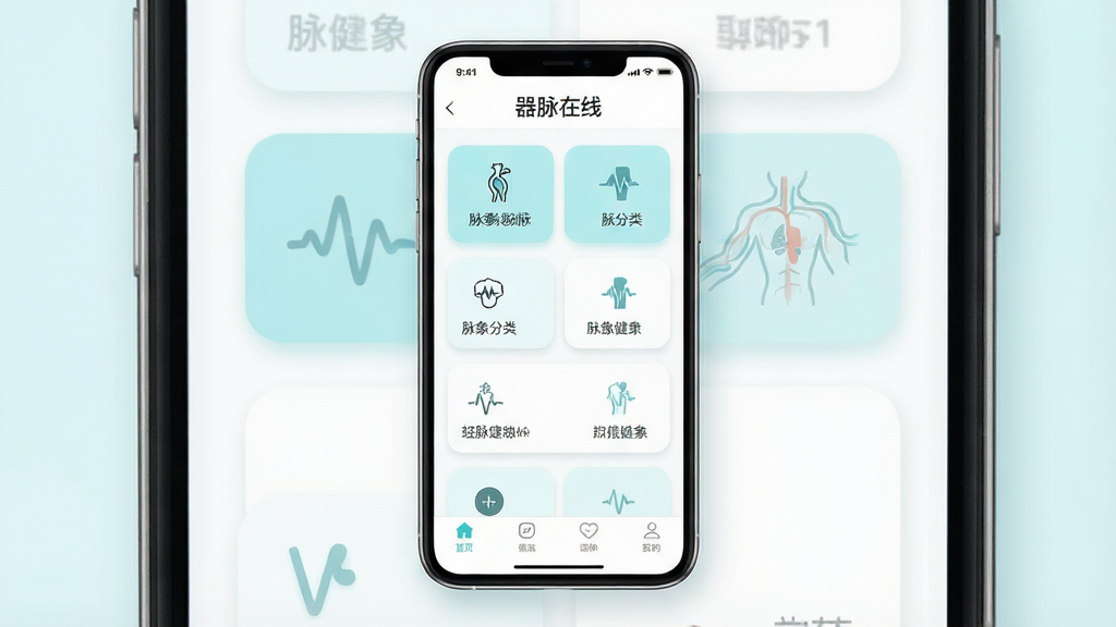 一张手机App界面展示图,画面中央是一部竖屏智能手机,屏幕内显示器脉在线应用主页面,页面顶部有“器脉在线”文字标识,中部为脉象分类卡片列表,底部为导航栏,整体布局干净整洁,风格为现代简约医疗健康类App设计,配色以白色和浅青色为主,细节包括卡片圆角、柔和阴影和清晰图标,画质清晰,无多余元素